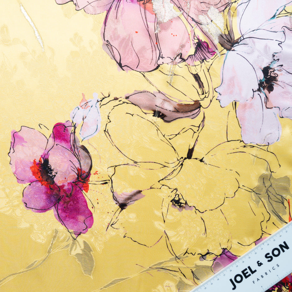Pink Floral Printed Metallic Silk Satin Jacquard