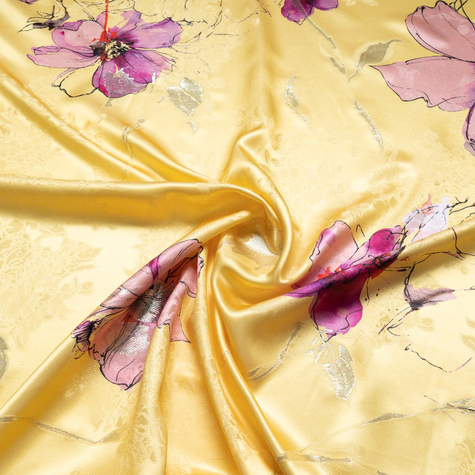 Pink Floral Printed Metallic Silk Satin Jacquard