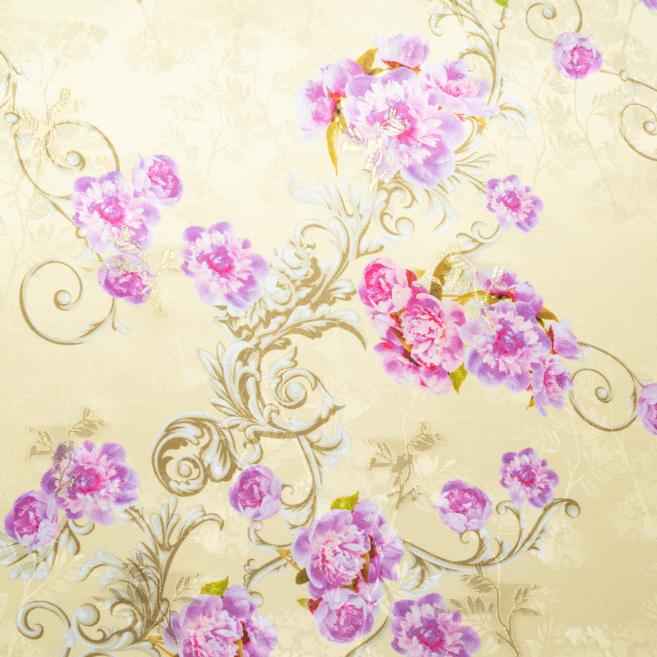 Pink Floral Printed Metallic Yellow Silk Jacquard