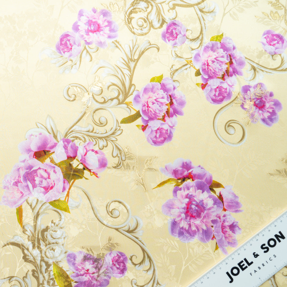 Pink Floral Printed Metallic Yellow Silk Jacquard
