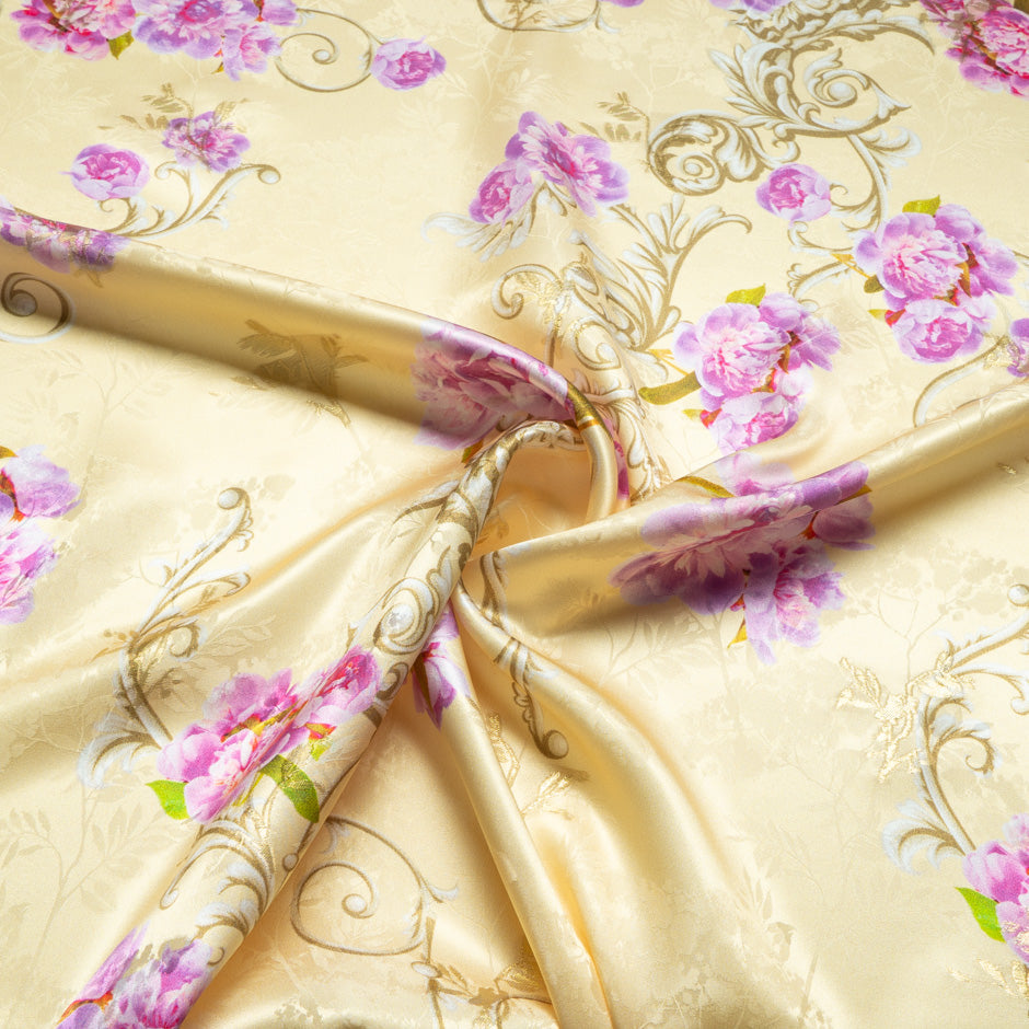 Pink Floral Printed Metallic Yellow Silk Jacquard