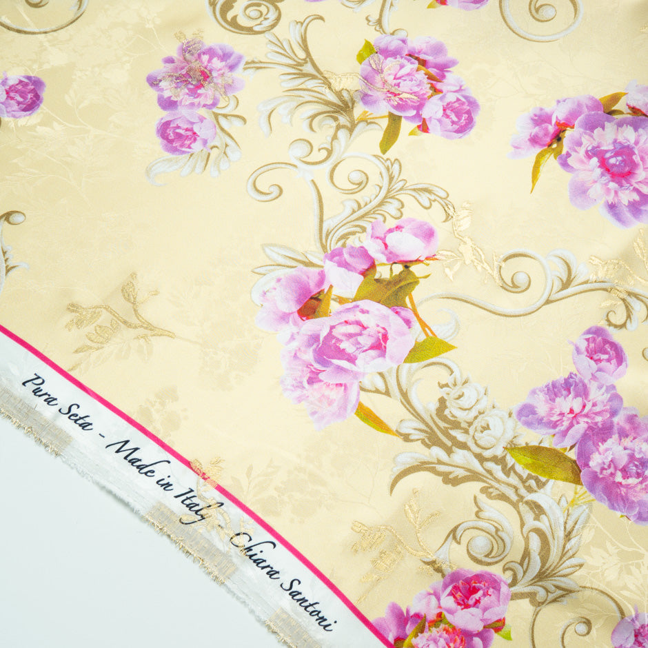 Pink Floral Printed Metallic Yellow Silk Jacquard
