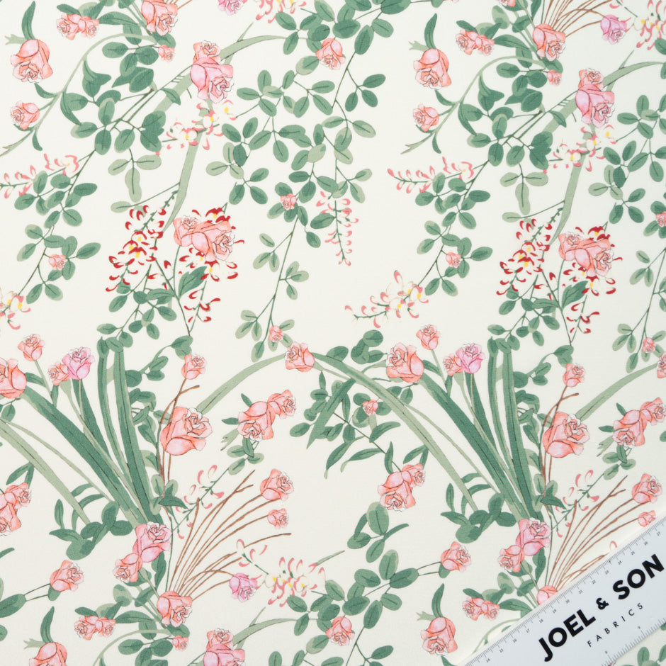 Rose Floral Printed Cream Silk Crêpe de Chine