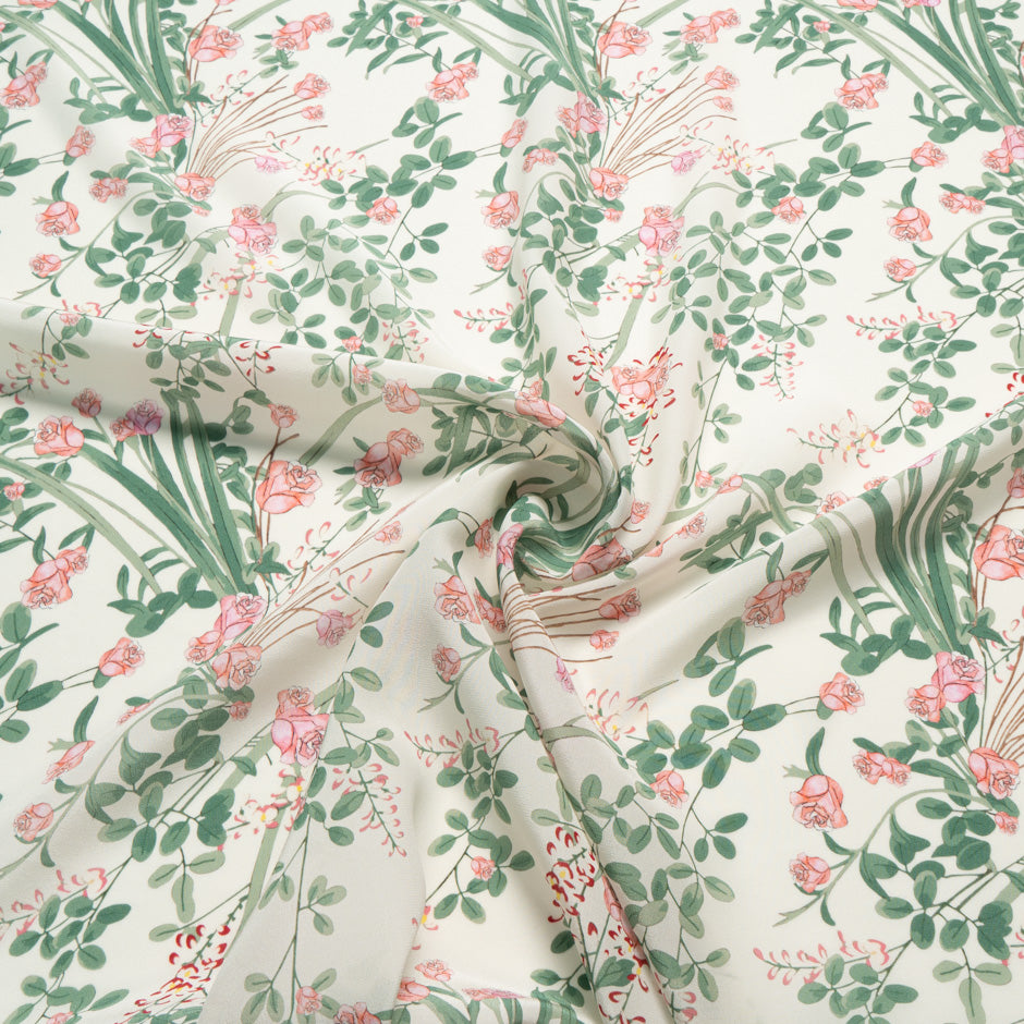 Rose Floral Printed Cream Silk Crêpe de Chine