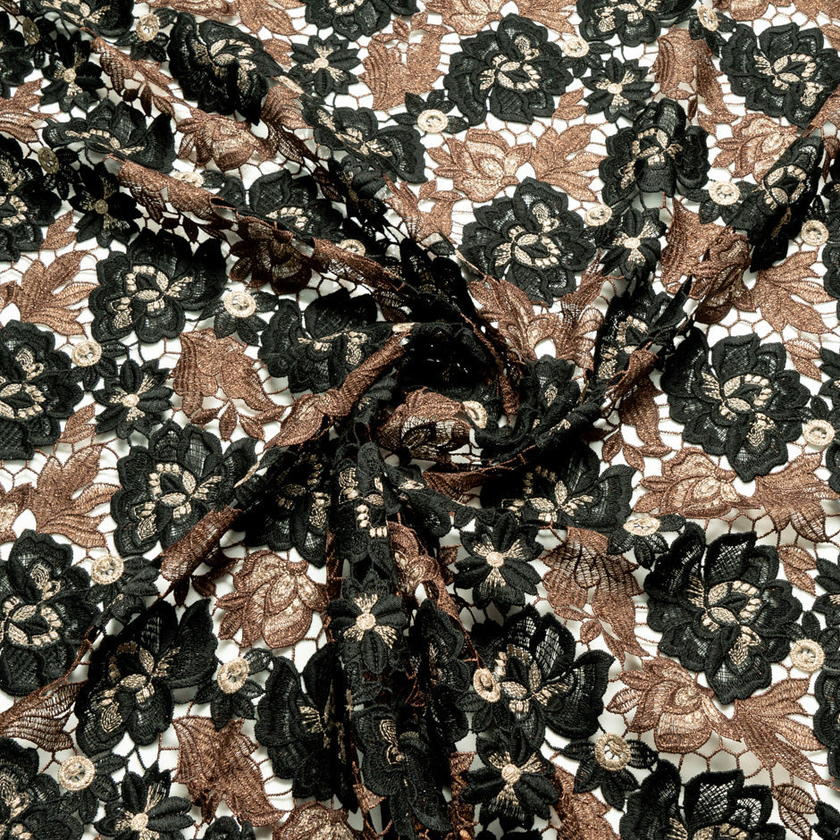 Brown & Black Metallic Floral Guipure Lace