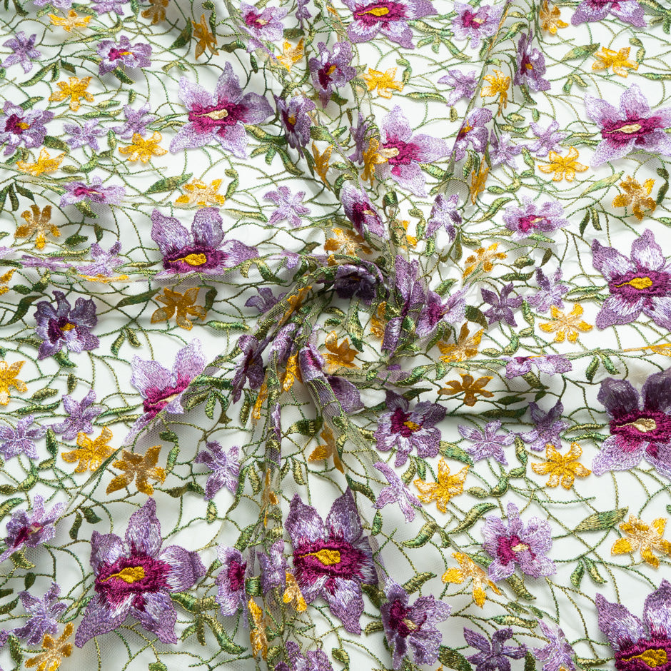 Lilac & YellowFloral Embroidered Tulle