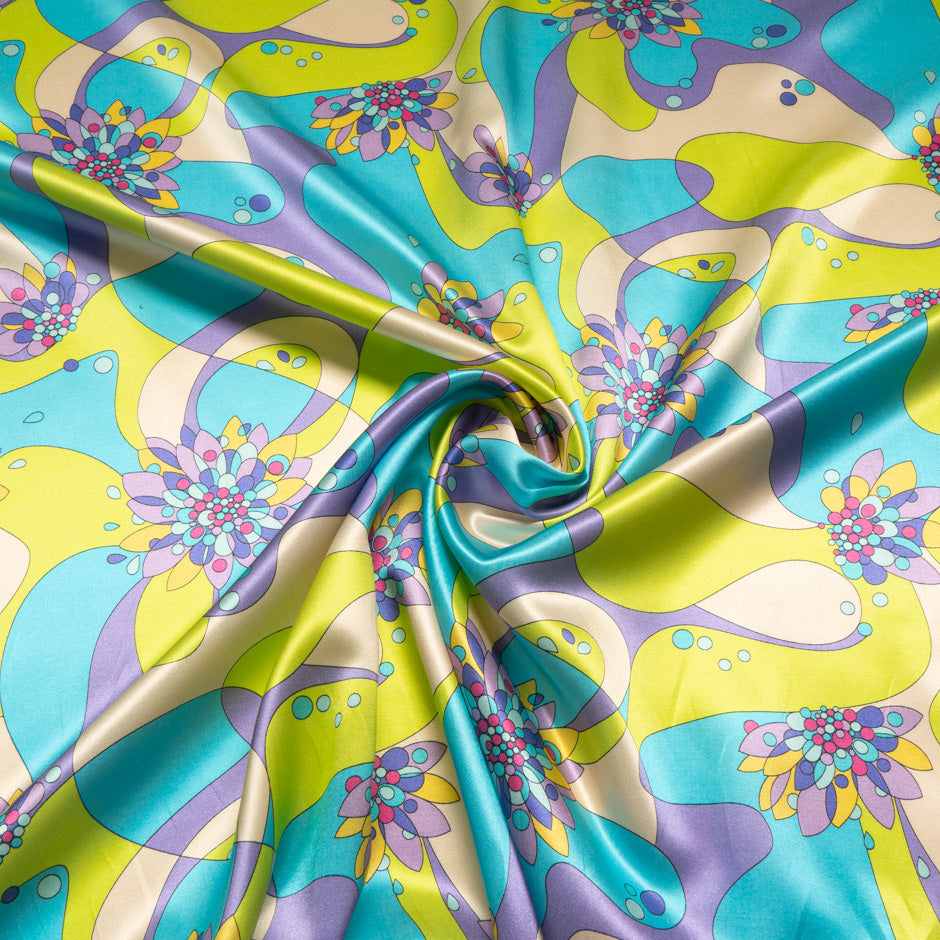 Lilac, Blue & Chartreuse Retro Printed Silk & Cotton Blend