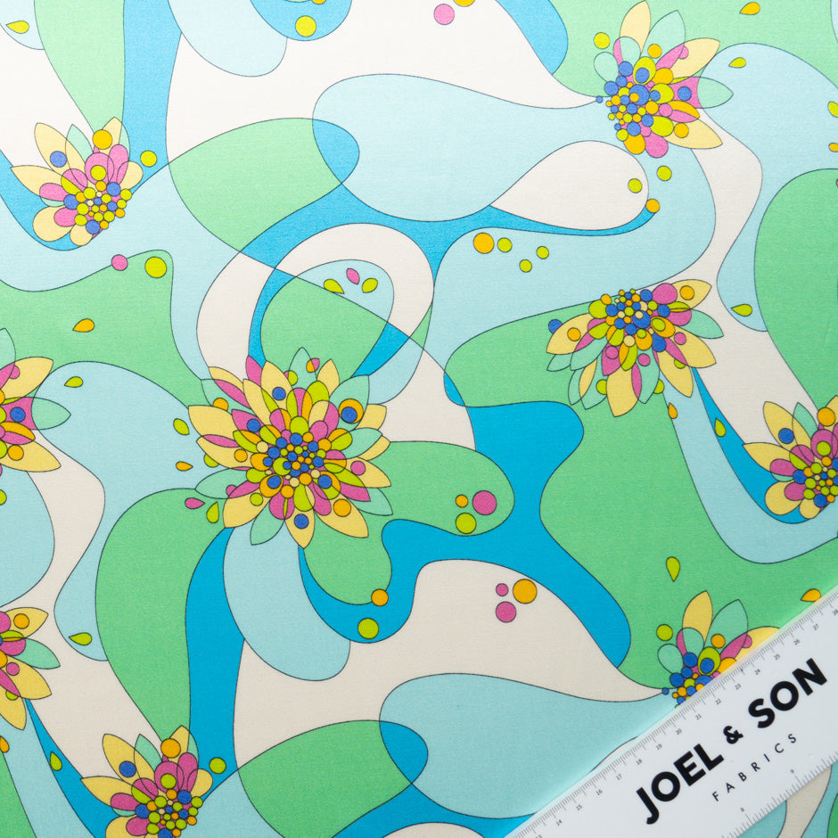 Green & Blue Retro Printed Silk & Cotton Blend