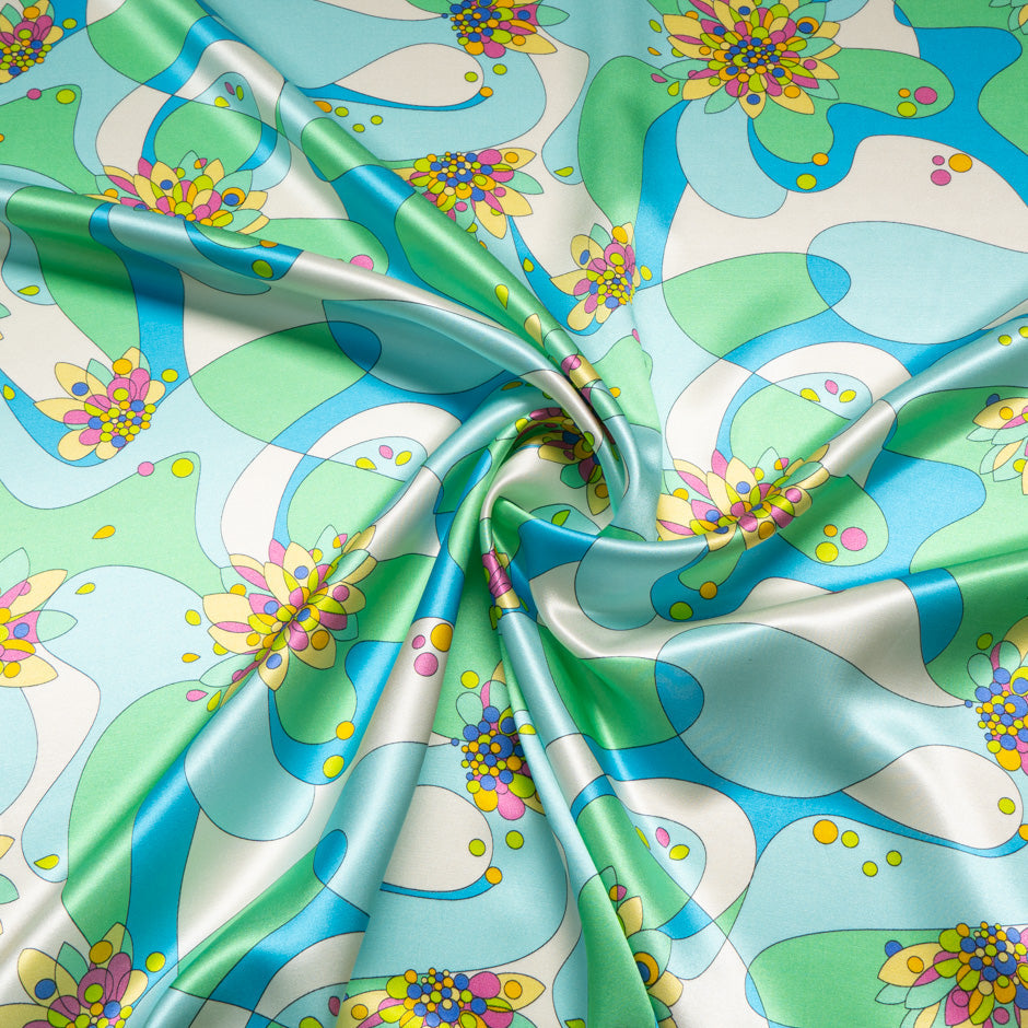 Green & Blue Retro Printed Silk & Cotton Blend