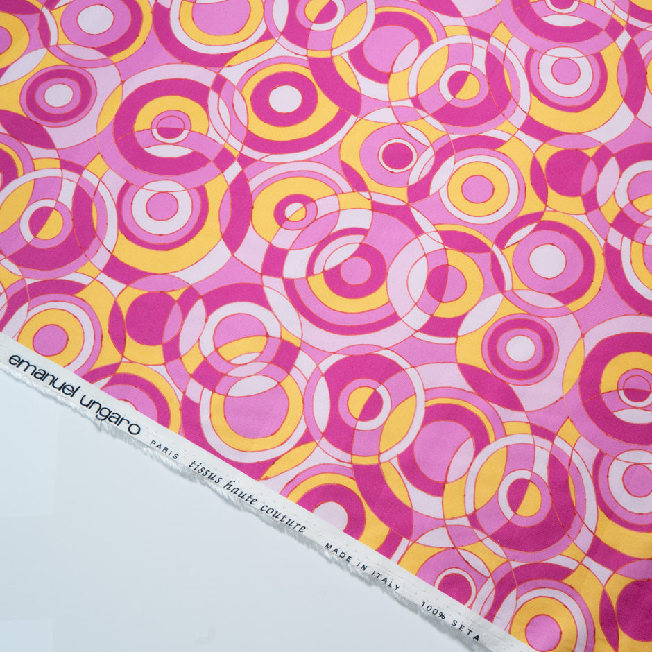 Fuchsia Pink & Yellow Geo Circle Printed Silk Twill