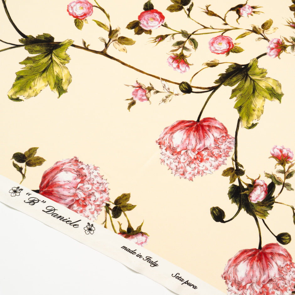 Pink Shaded Floral Printed Cream Silk Crêpe