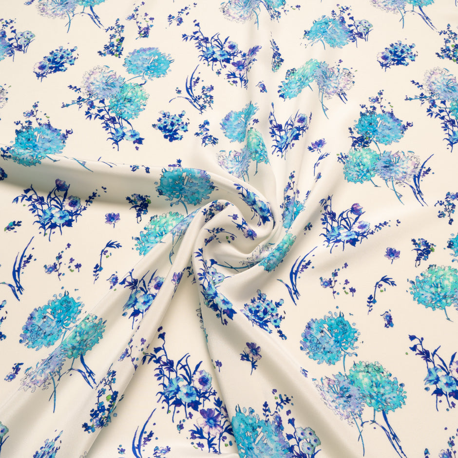 Blue Floral Printed Ivory Double Silk Crêpe