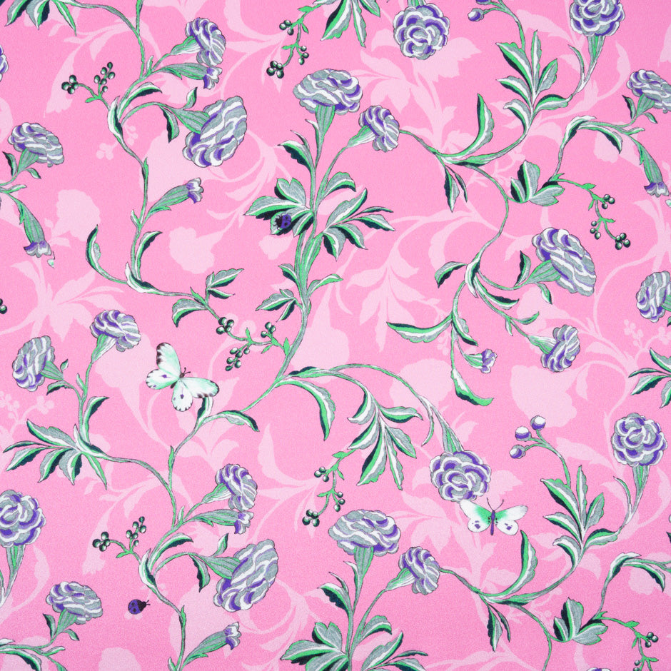 Grey & Purple Floral Printed Pink Silk Crêpe