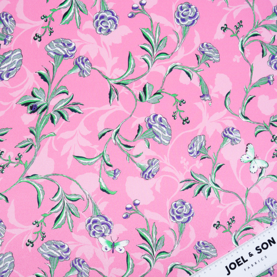 Grey & Purple Floral Printed Pink Silk Crêpe