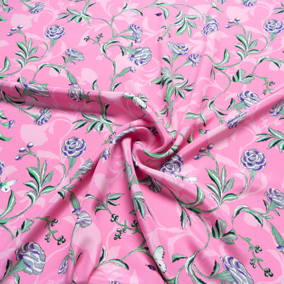 Grey & Purple Floral Printed Pink Silk Crêpe