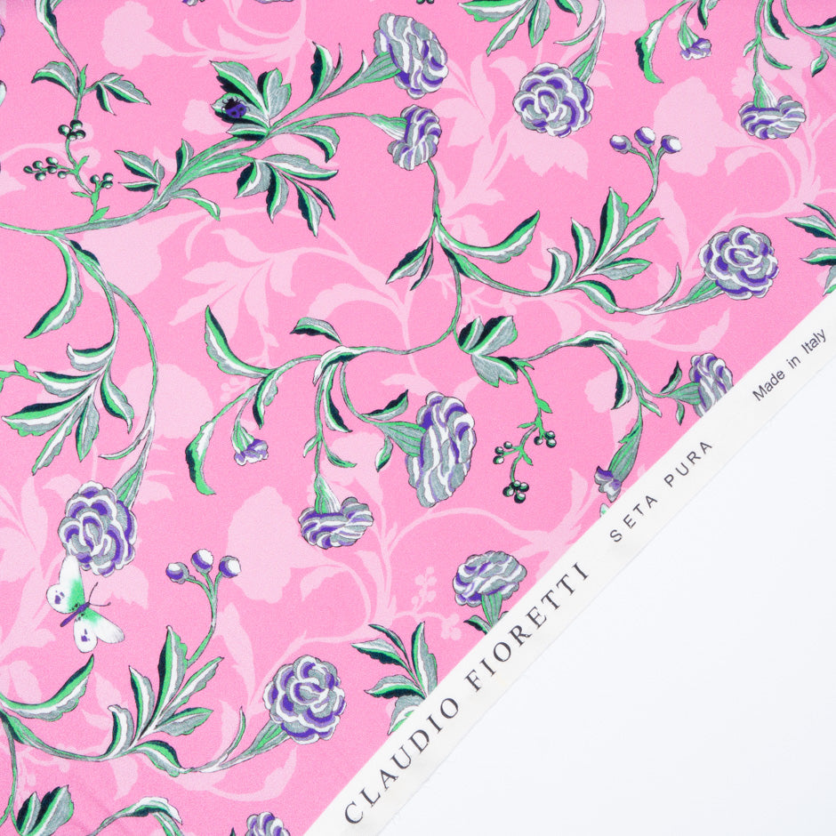 Grey & Purple Floral Printed Pink Silk Crêpe