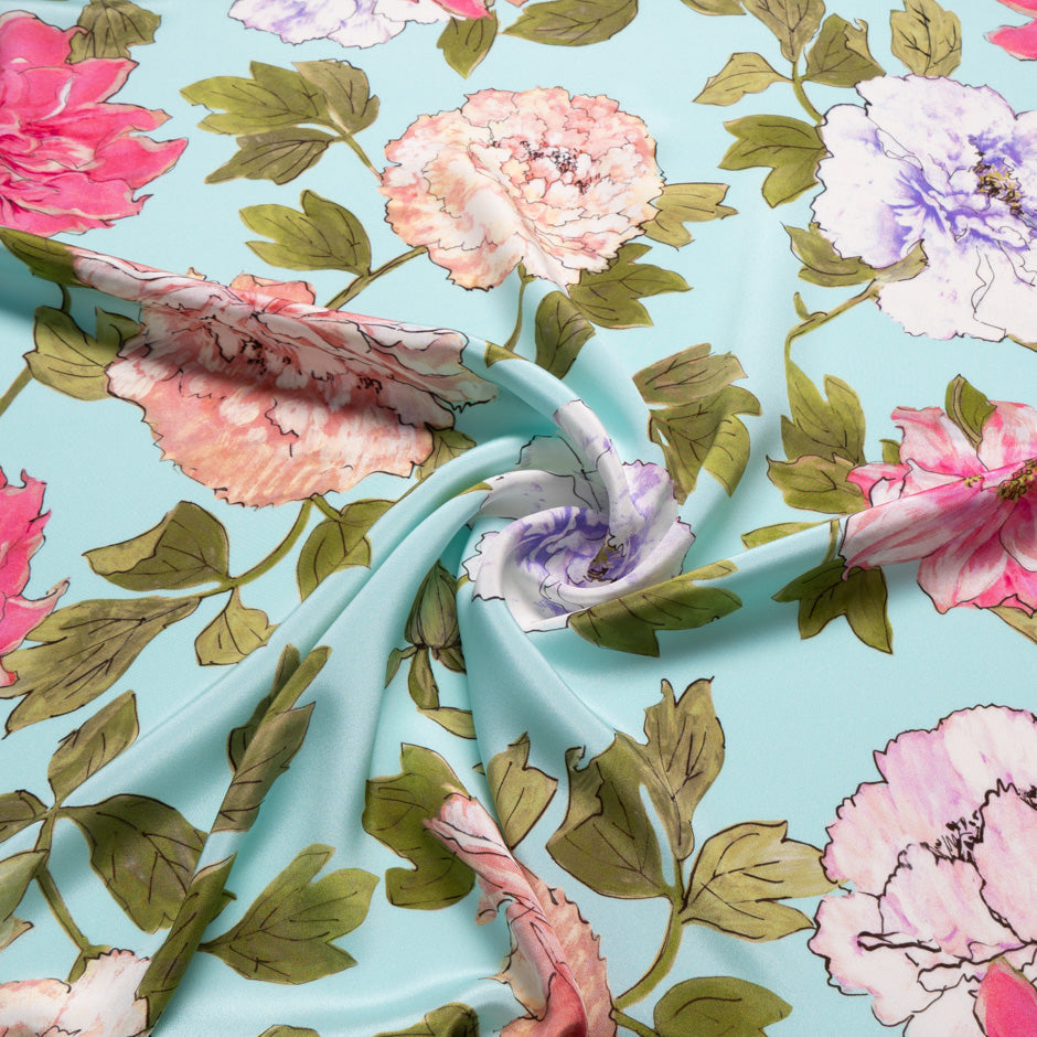 Large Floral Printed Soft Blue Double Silk Crêpe