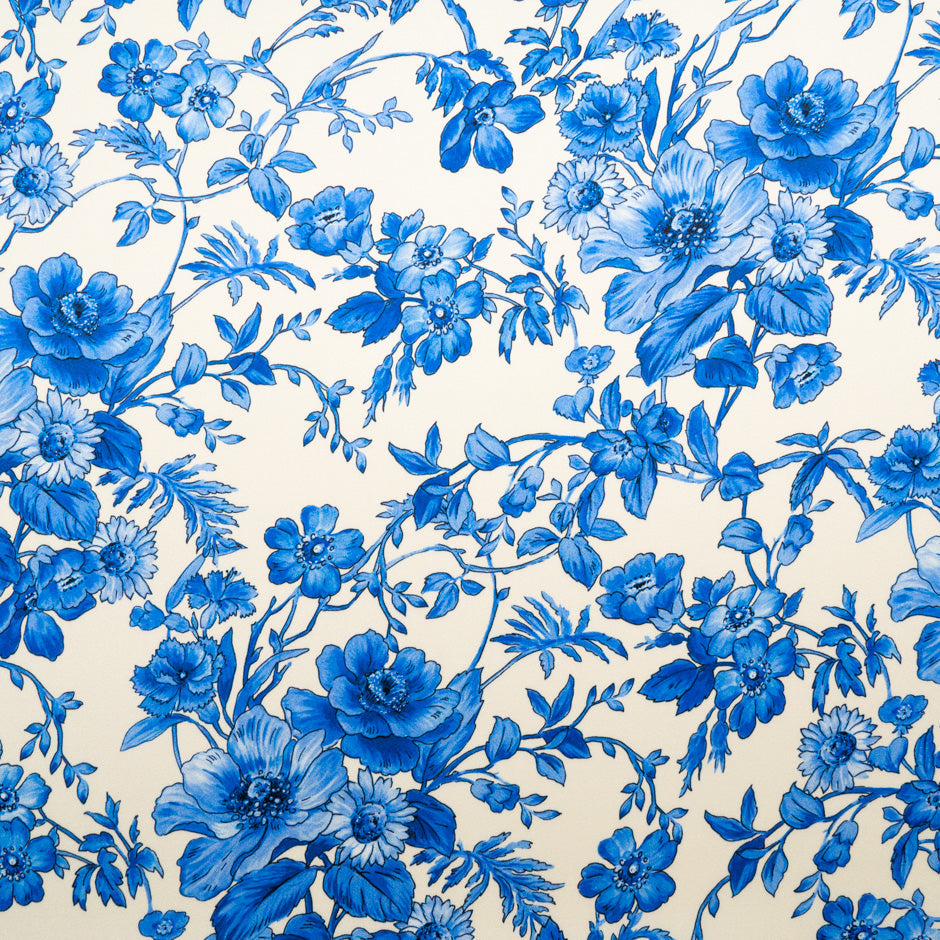 Royal Blue Floral Printed Ivory Silk Crêpe