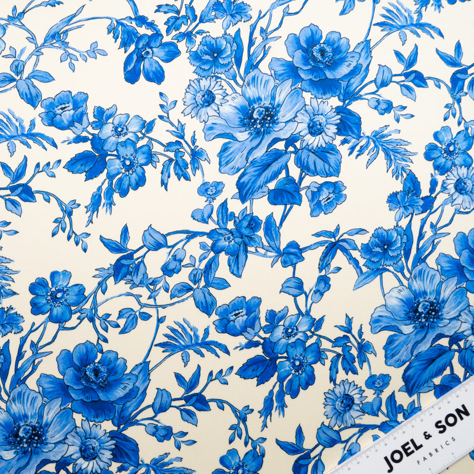 Royal Blue Floral Printed Ivory Silk Crêpe