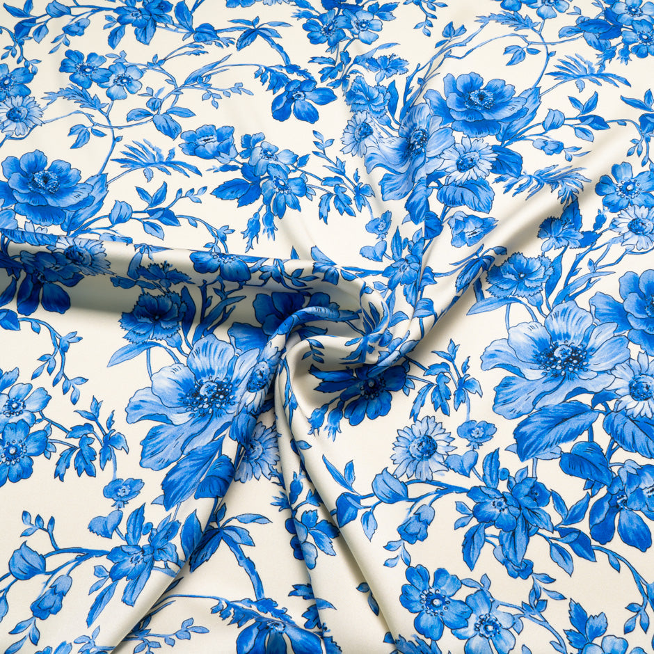 Royal Blue Floral Printed Ivory Silk Crêpe