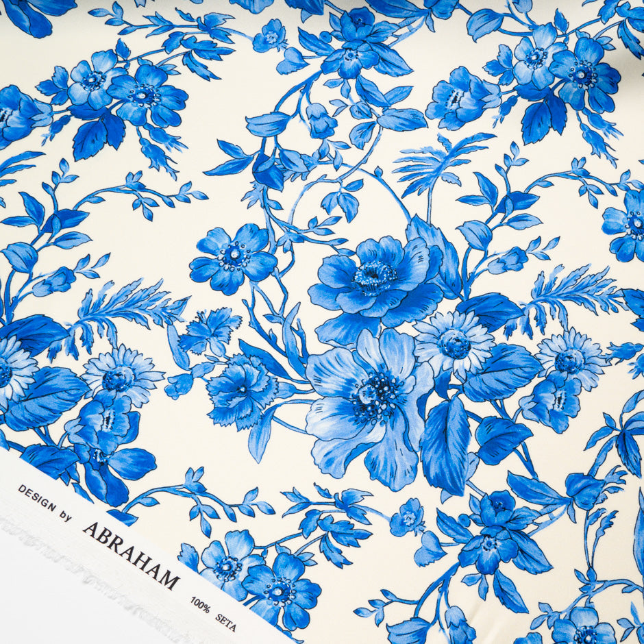 Royal Blue Floral Printed Ivory Silk Crêpe