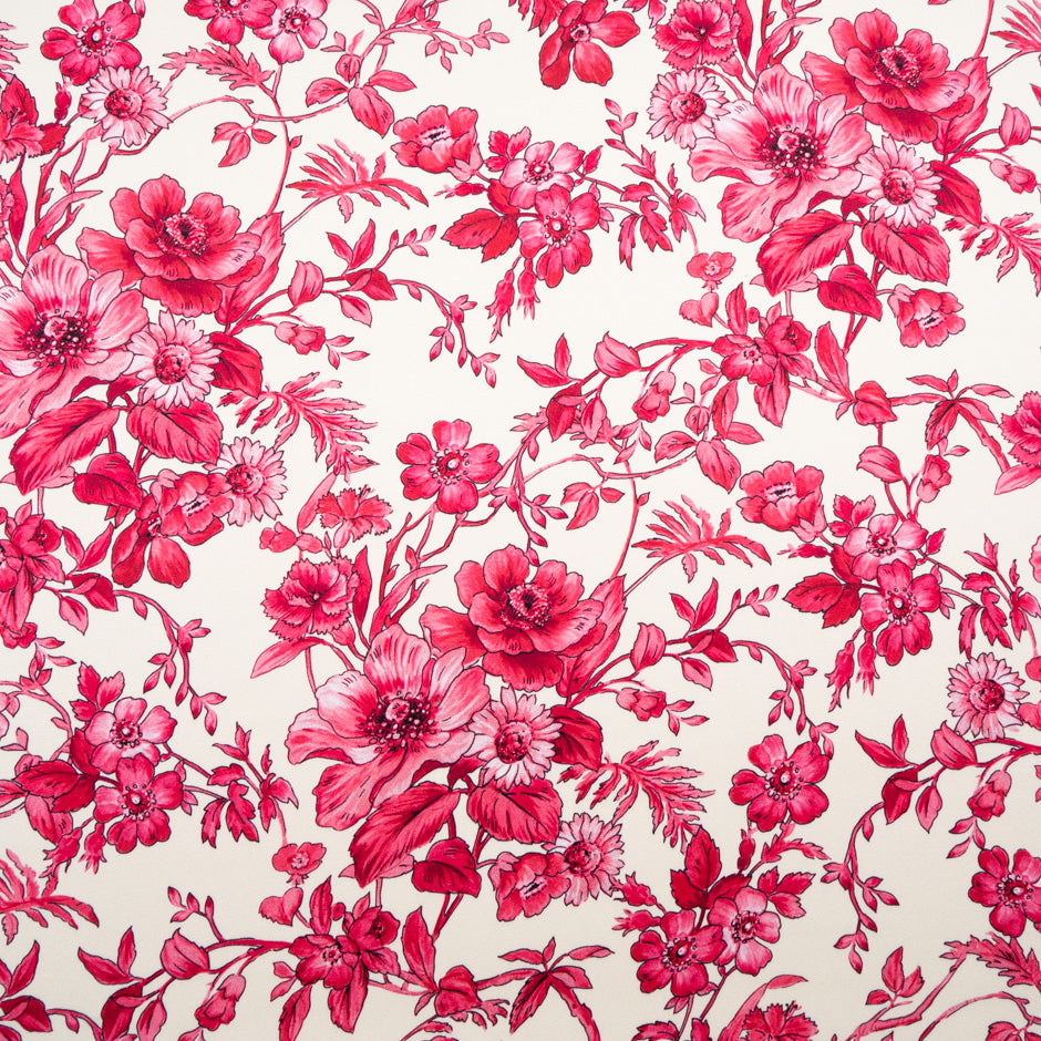 Magenta Pink Floral Printed Ivory Silk Crêpe