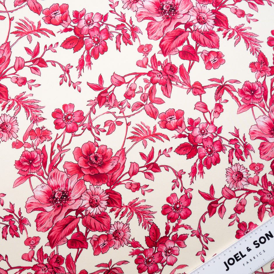 Magenta Pink Floral Printed Ivory Silk Crêpe