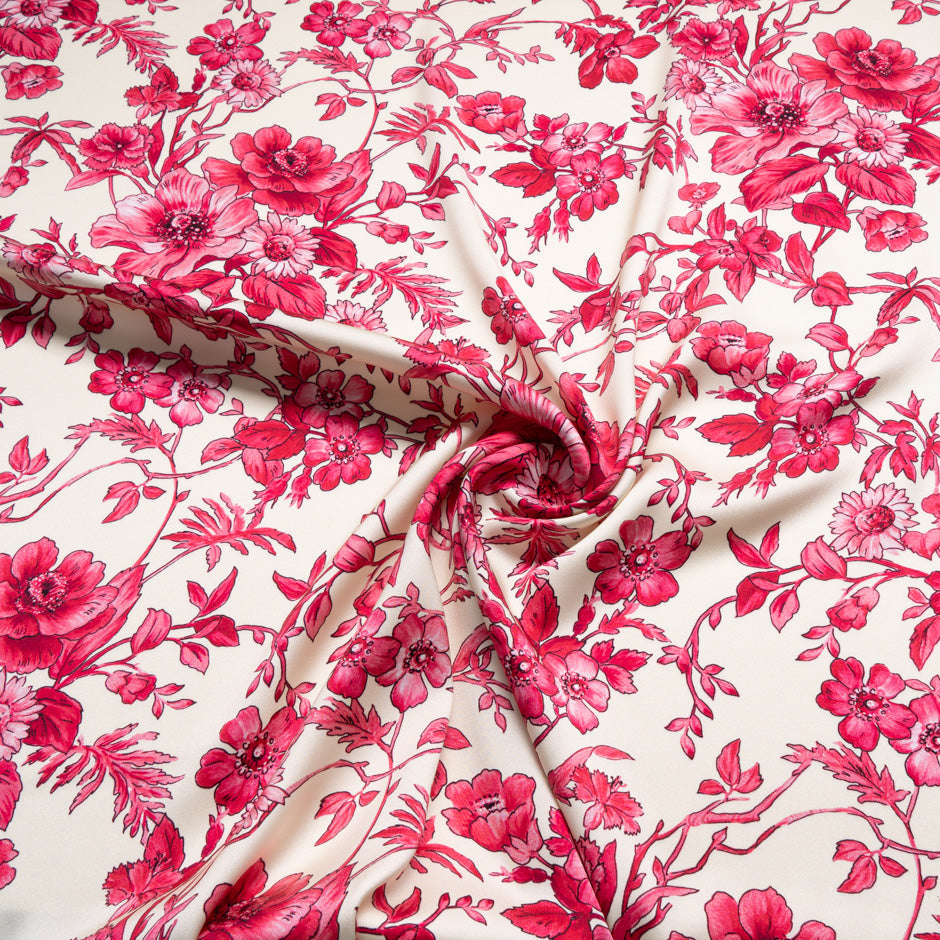 Magenta Pink Floral Printed Ivory Silk Crêpe
