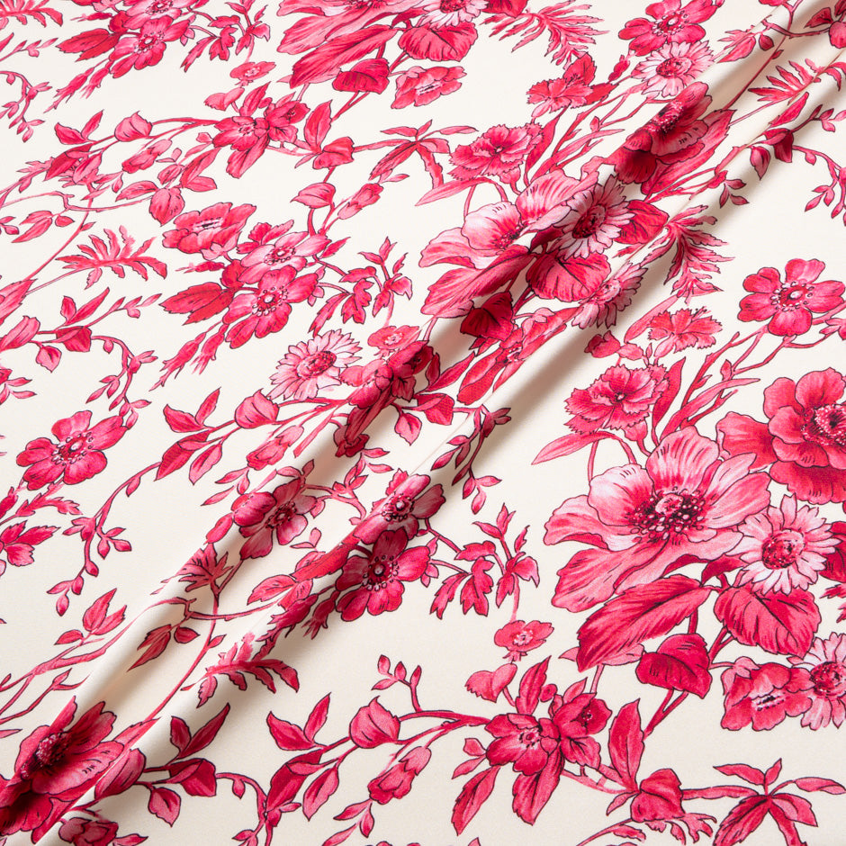 Magenta Pink Floral Printed Ivory Silk Crêpe