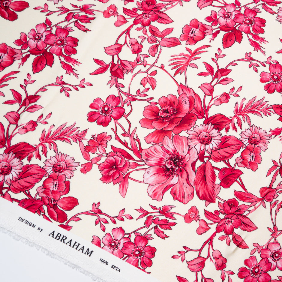 Magenta Pink Floral Printed Ivory Silk Crêpe