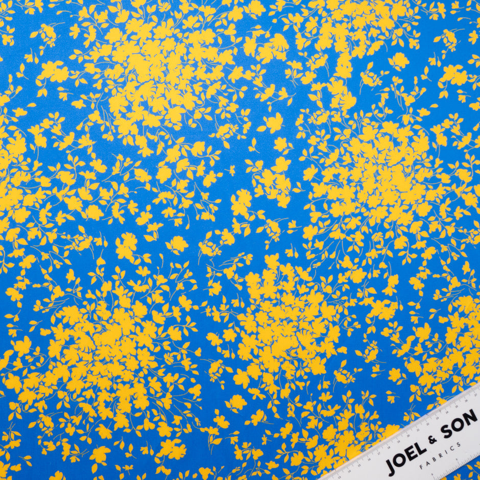 Yellow Floral 'Spray' Printed Rich Blue Luxury Cotton