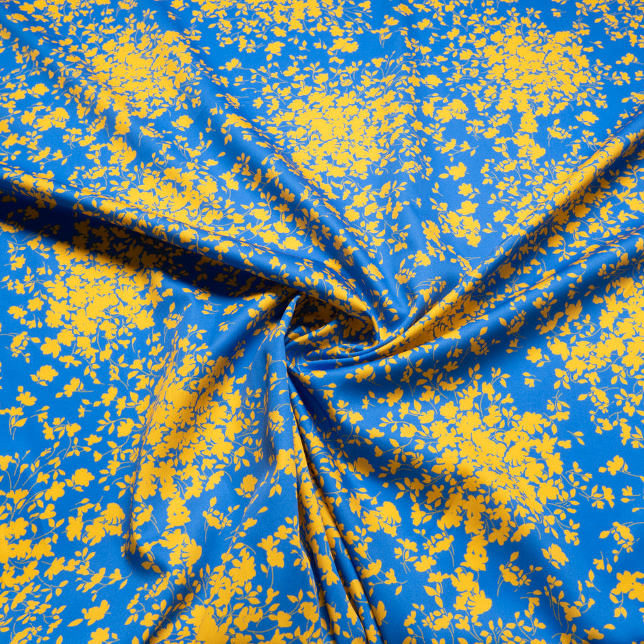 Yellow Floral 'Spray' Printed Rich Blue Luxury Cotton