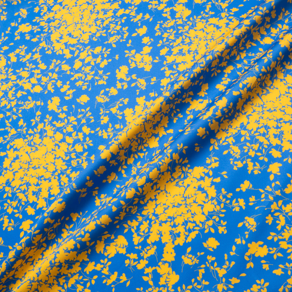 Yellow Floral 'Spray' Printed Rich Blue Luxury Cotton