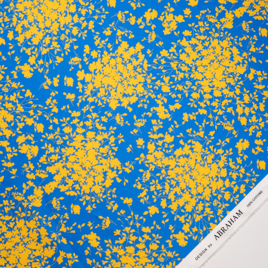 Yellow Floral 'Spray' Printed Rich Blue Luxury Cotton