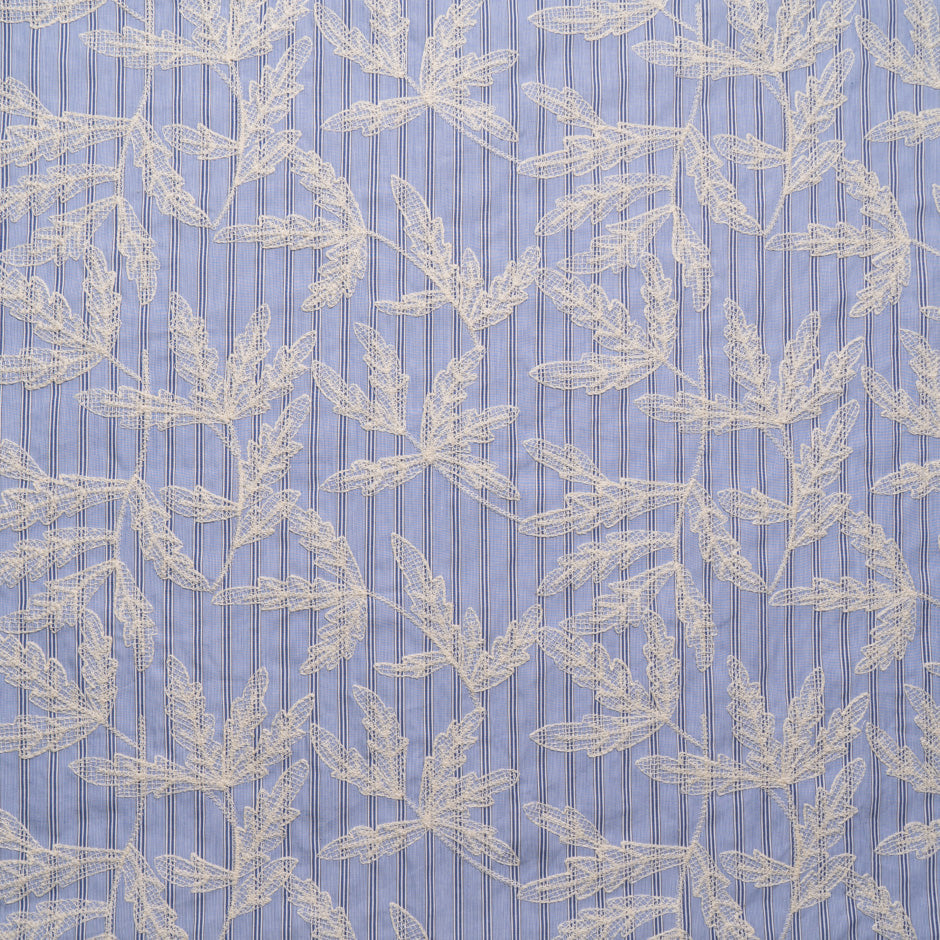 Floral Embroidered Blue Striped Cotton