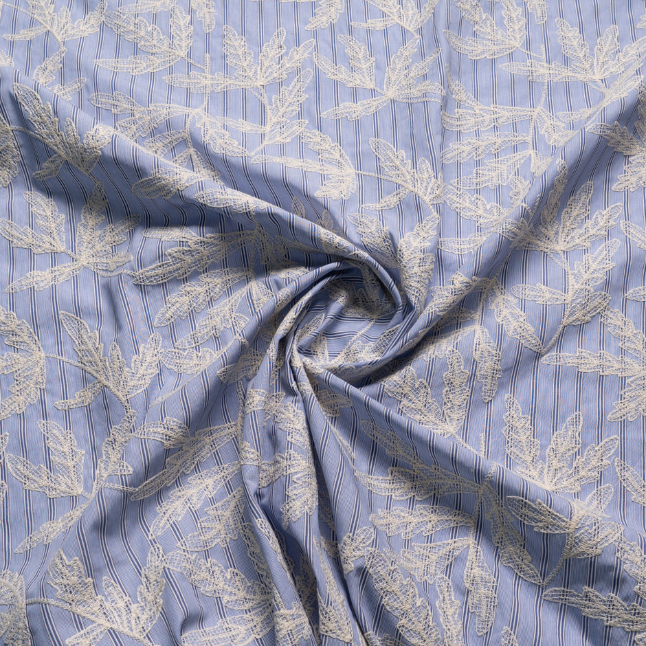 Floral Embroidered Blue Striped Cotton