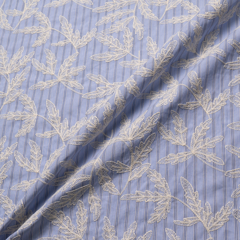 Floral Embroidered Blue Striped Cotton