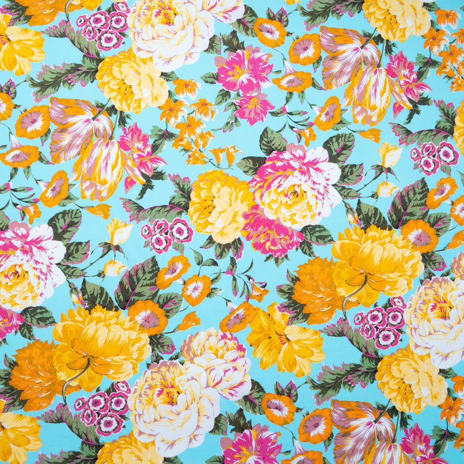 Busy Floral Printed Turquoise Luxury Cotton