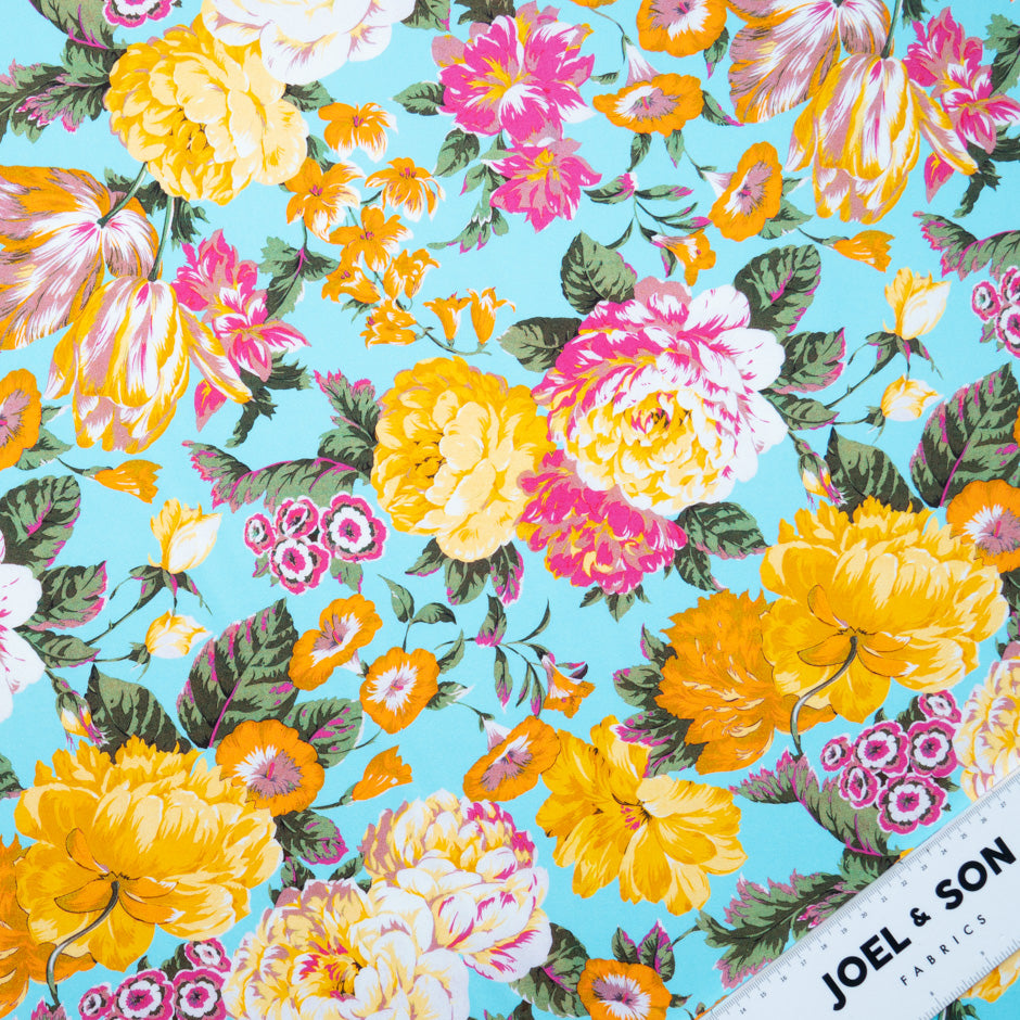 Busy Floral Printed Turquoise Luxury Cotton