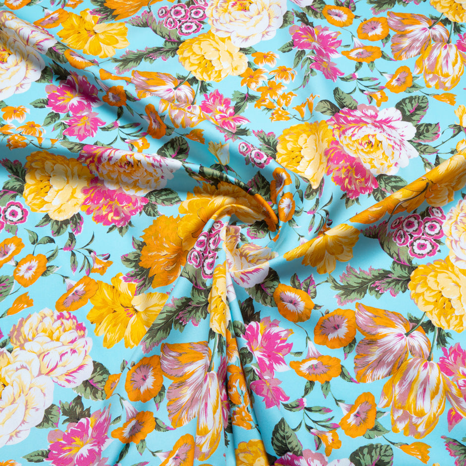 Busy Floral Printed Turquoise Luxury Cotton