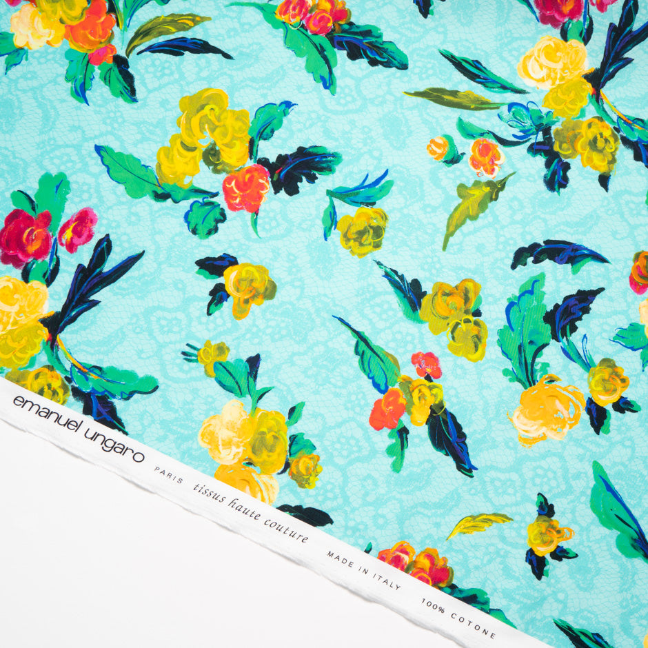Floral on Turquoise Lace Printed Luxury Cotton