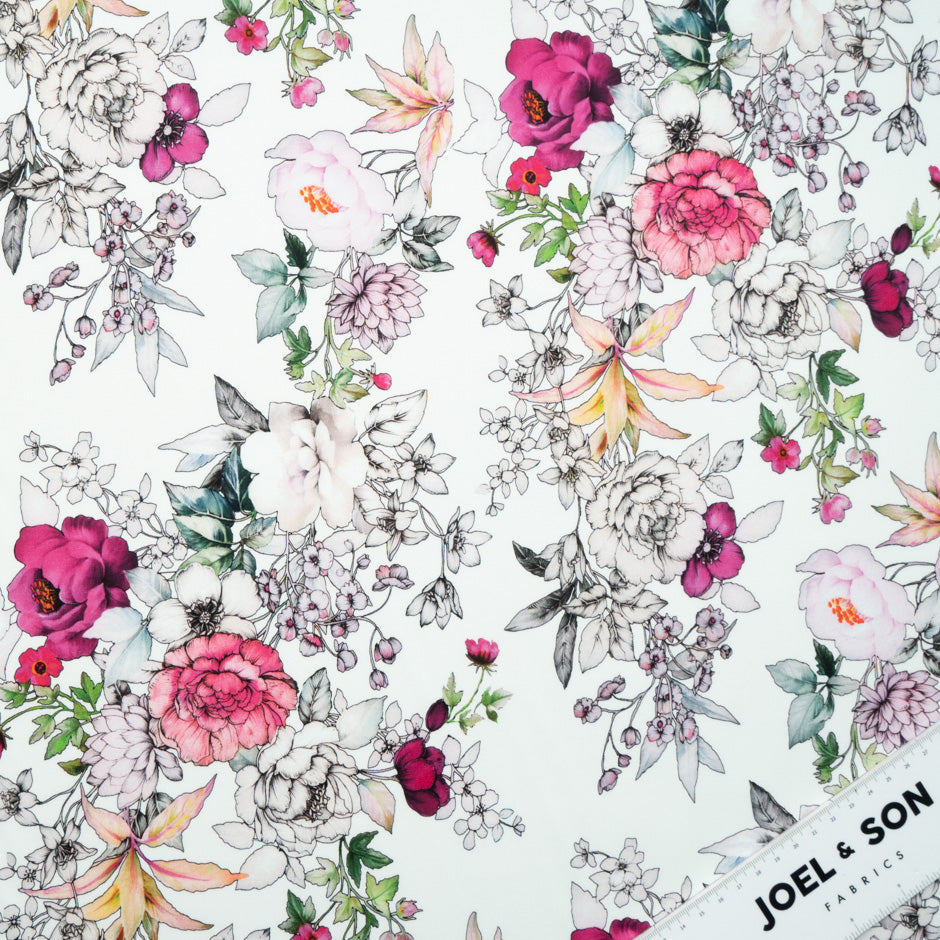 'Sketched' Floral Printed Ivory Luxury Cotton