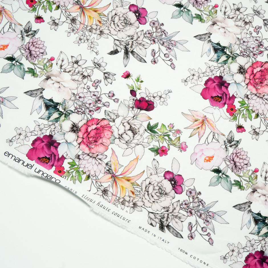 'Sketched' Floral Printed Ivory Luxury Cotton