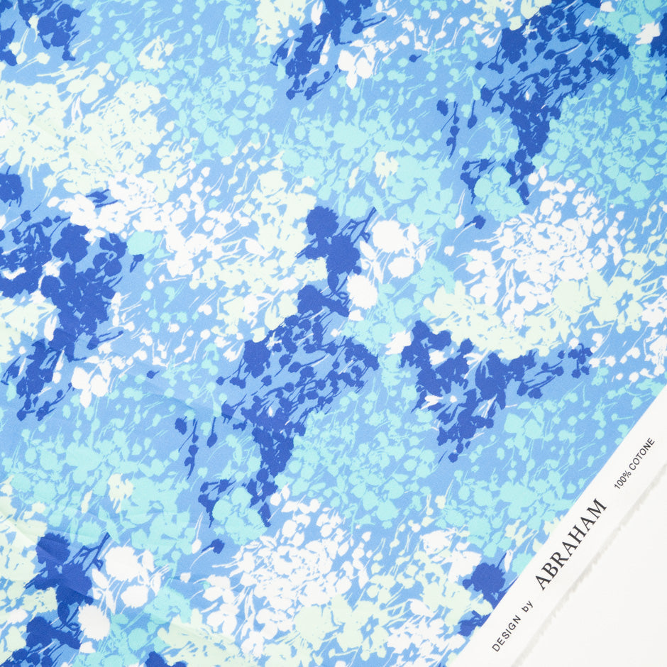 Blue & White Abstract Printed Satin Cotton