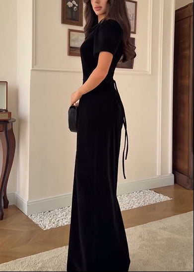Sexy Short Sleeve Hollow-out Solid Color Waist Tight Maxi Dress