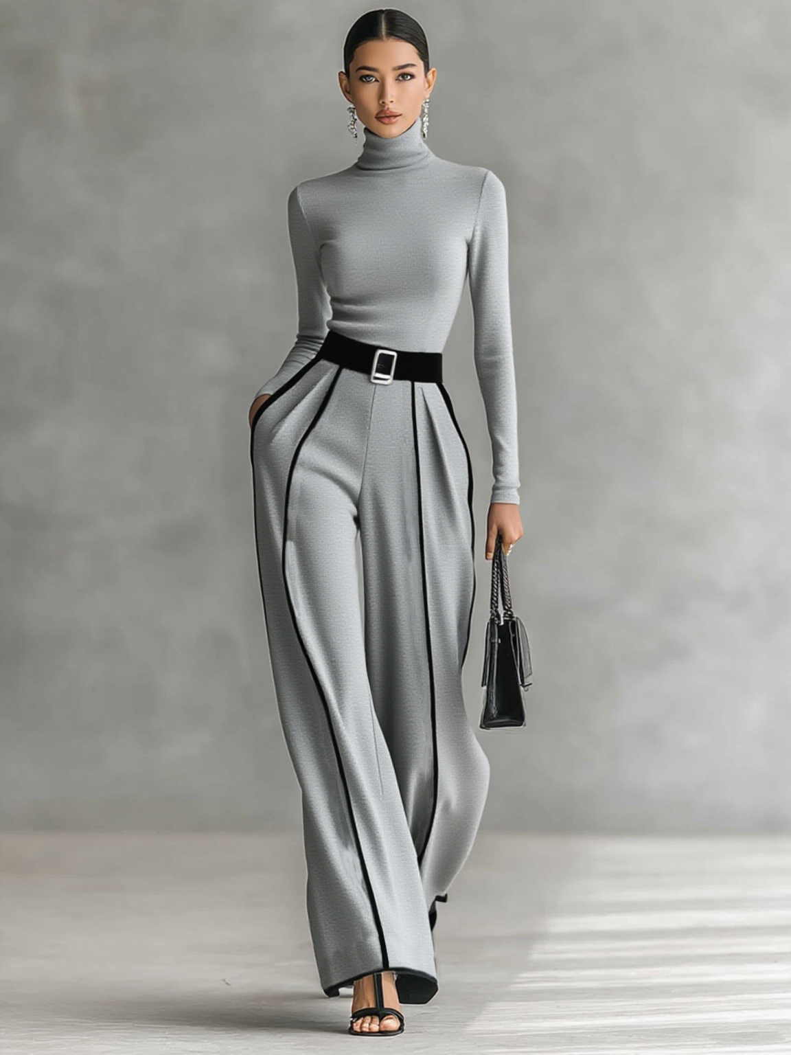 Women's White Trimmed Turtleneck Long Sleeve Top Wide Leg Pants Belt Two-Piece Set