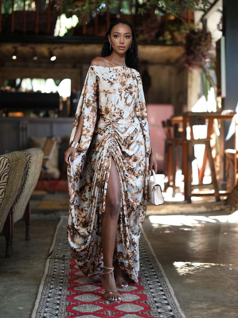 Elegant One-Shoulder Floral Draped Ruched Maxi Dress