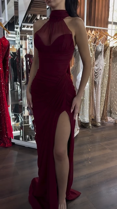 Sexy Sleeveless Halter Stitching High Slit Solid Color Maxi Dress