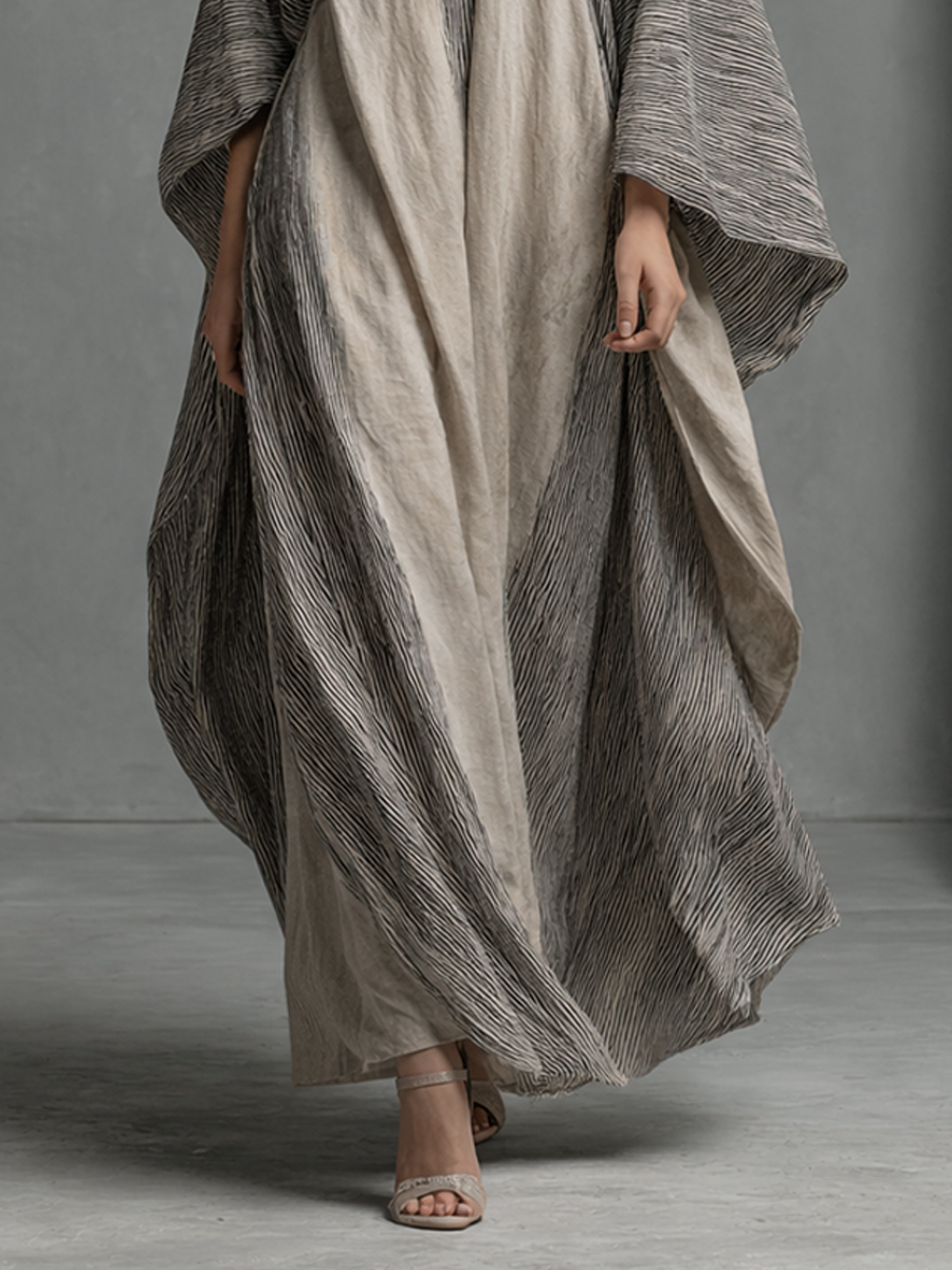 Women's Boho Striped V-Neck Cotton Linen Oversized Kaftan Maxi Dress