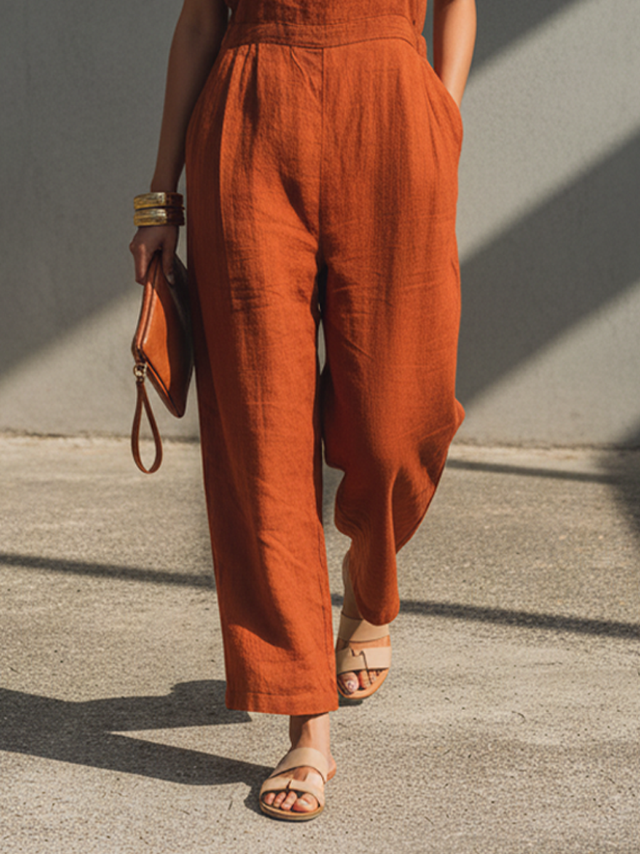 Women's Retro Orange Cotton Linen Sleeveless Overall Wide-Leg Jumpsuit